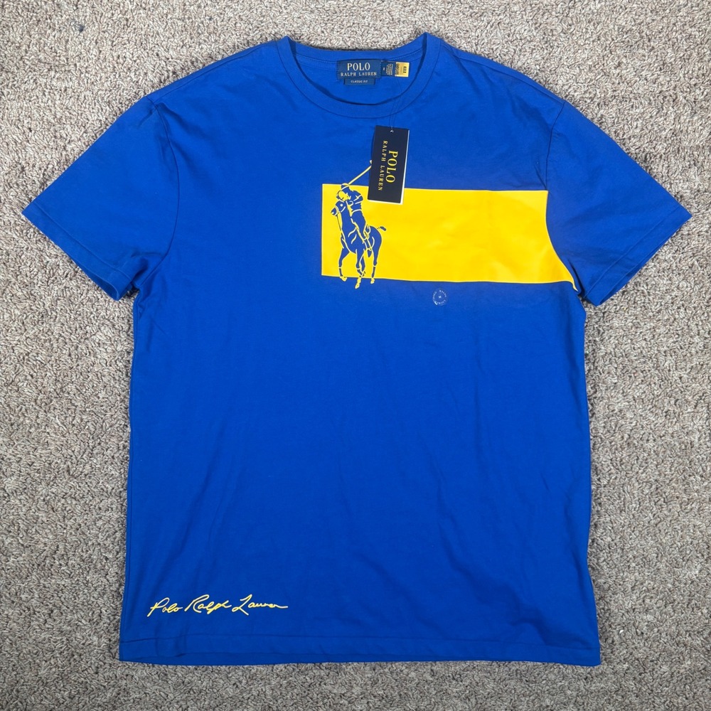 Polo Ralph Lauren Mens Big Pony Graphic T-Shirt Blue Yellow Classic Fit M NEW